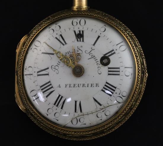 A French 18ct two-colour gold open-face pocket watch, Bugnons & Tequiez .À Fleurier, decorated with an urn and hound in a landscape